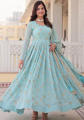 Sky Blue Zari Sequin Embroidered Faux Georgette Kurta Set