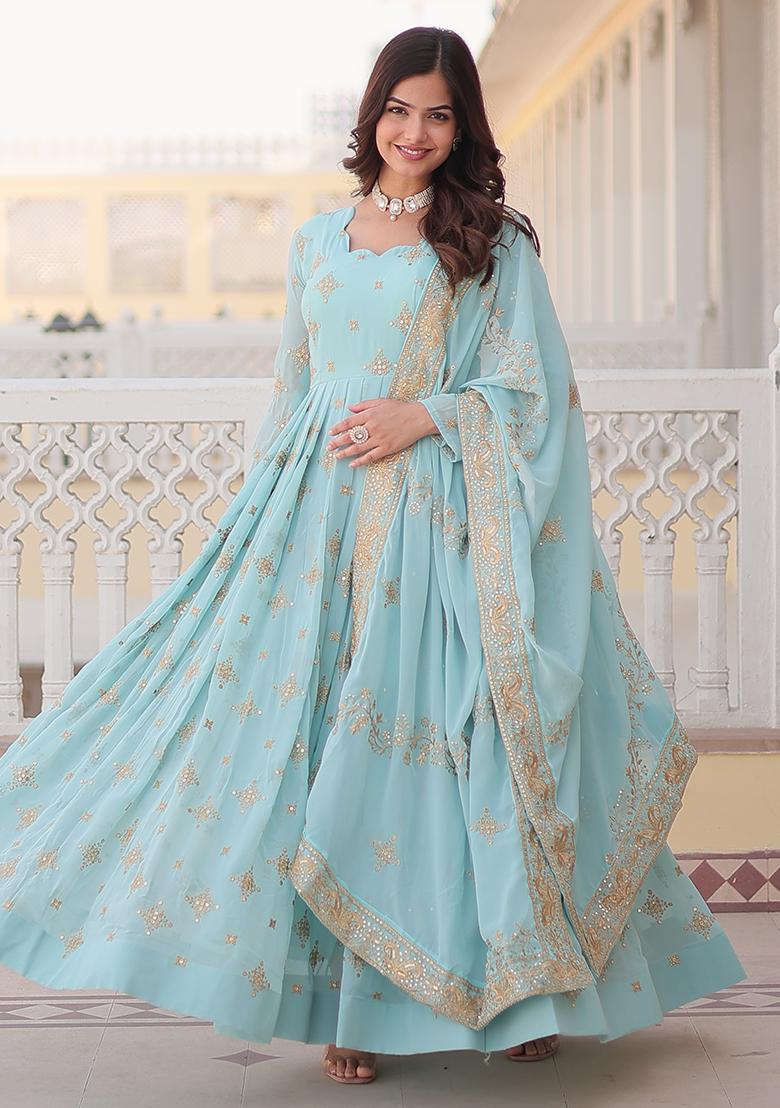 Sky Blue Zari Sequin Embroidered Faux Georgette Kurta Set