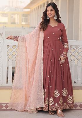 Brown Zari Sequin Embroidered Faux Georgette Kurta Set
