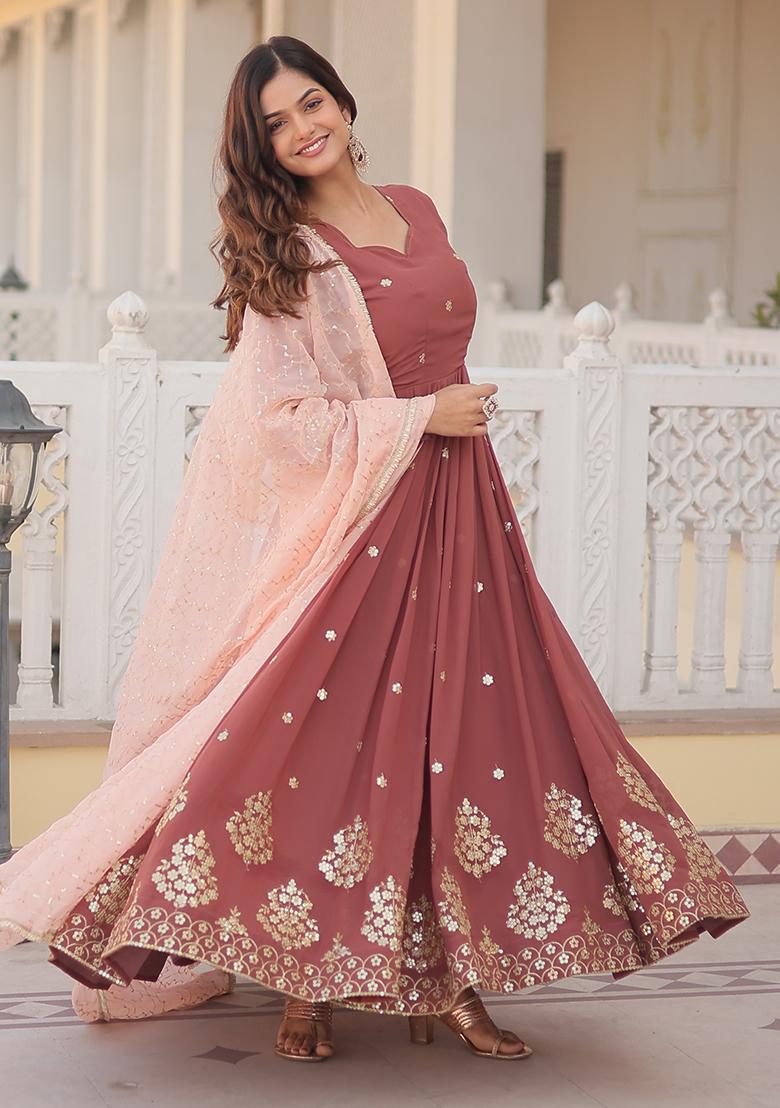 Brown Zari Sequin Embroidered Faux Georgette Kurta Set