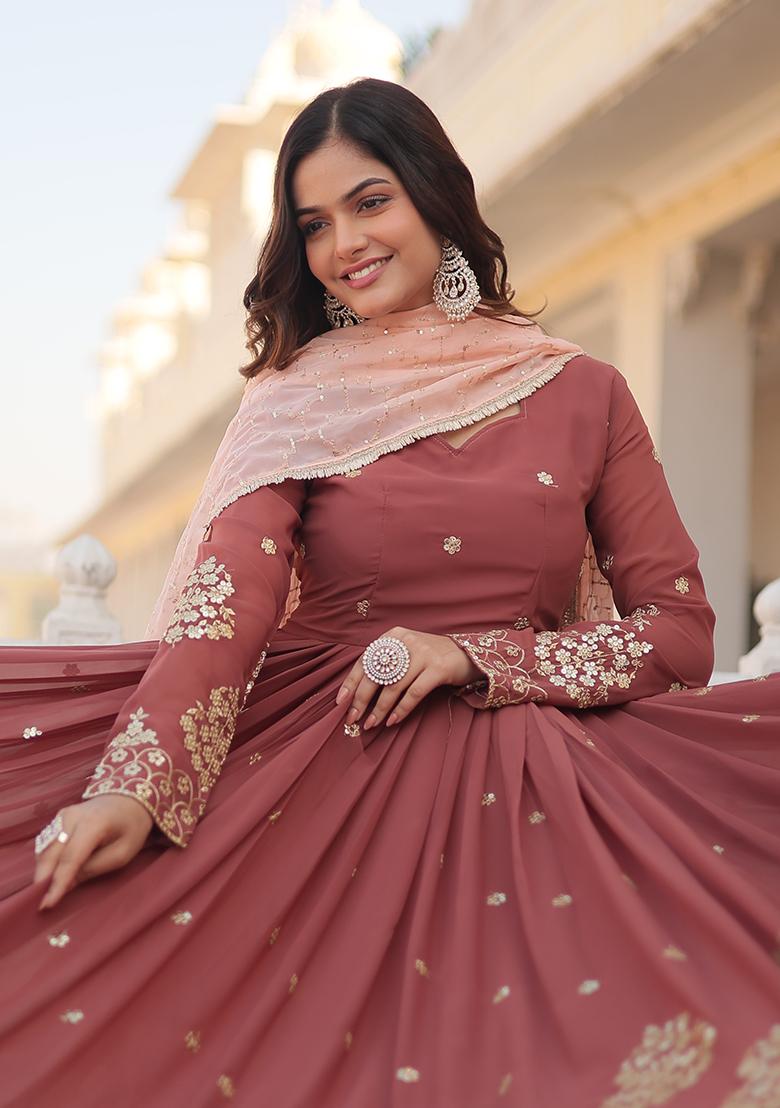 Brown Zari Sequin Embroidered Faux Georgette Kurta Set