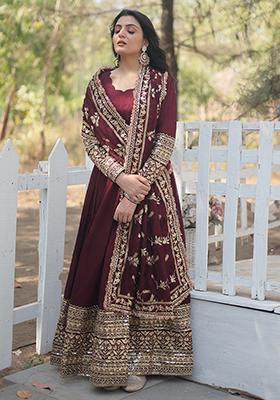 Maroon Zari Sequin Embroidered Vichitra Shimmer Anarkali Set