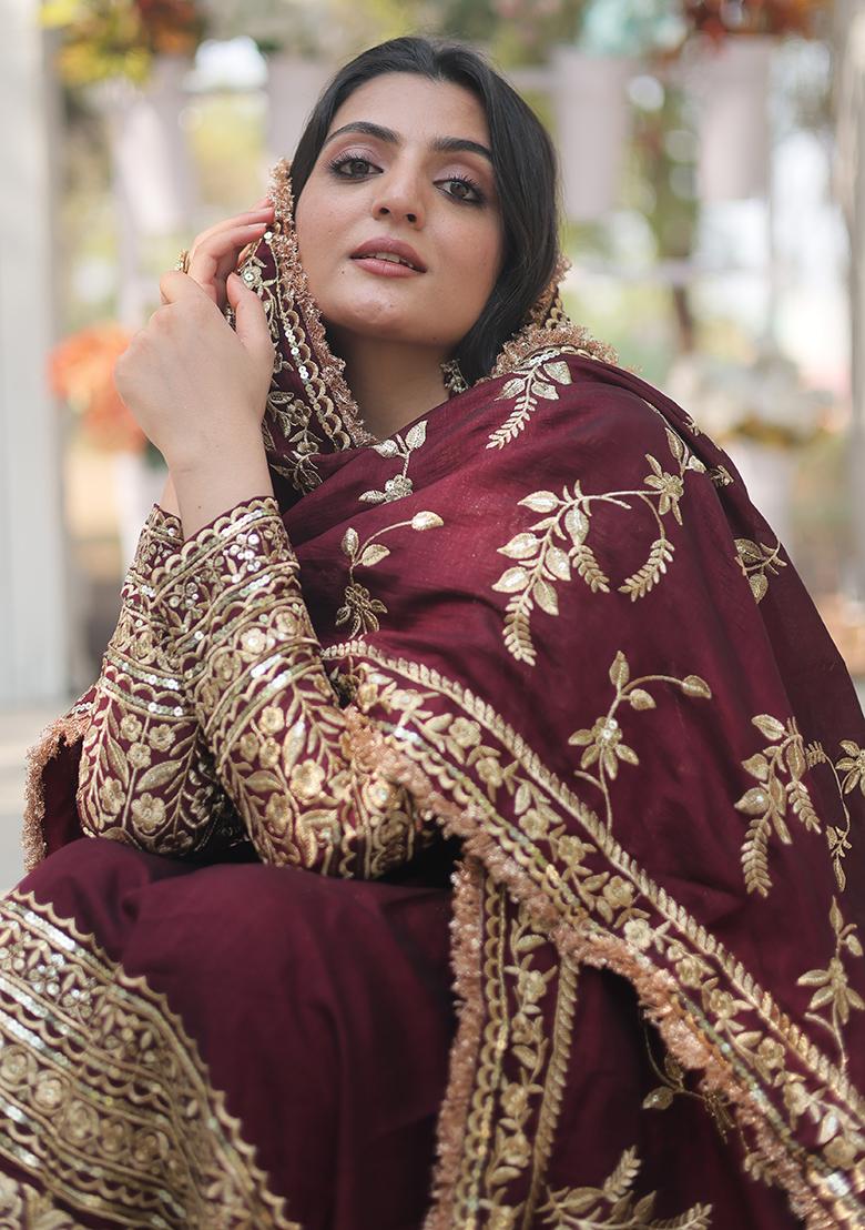 Maroon Zari Sequin Embroidered Vichitra Shimmer Anarkali Set
