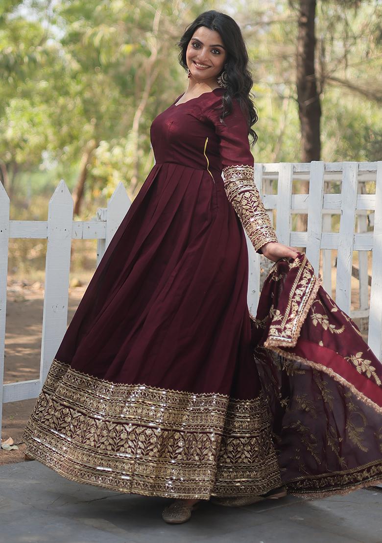 Maroon Zari Sequin Embroidered Vichitra Shimmer Anarkali Set