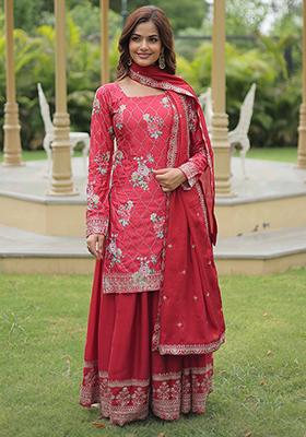 Maroon Zari Sequin Embroidered Vichitra Silk Kurta Set