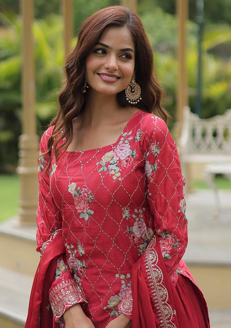 Maroon Zari Sequin Embroidered Vichitra Silk Kurta Set