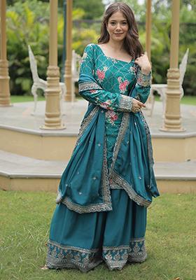 Rama Blue Zari Sequin Embroidered Vichitra Silk Kurta Set