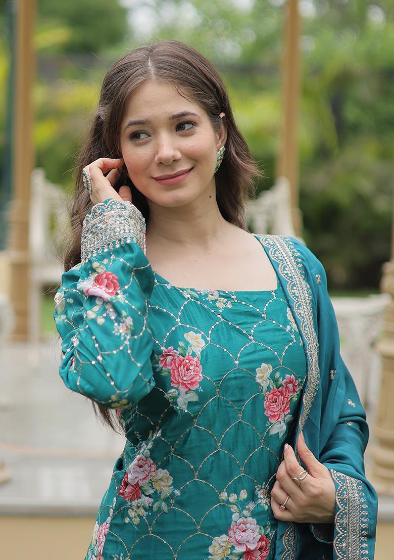 Rama Blue Zari Sequin Embroidered Vichitra Silk Kurta Set