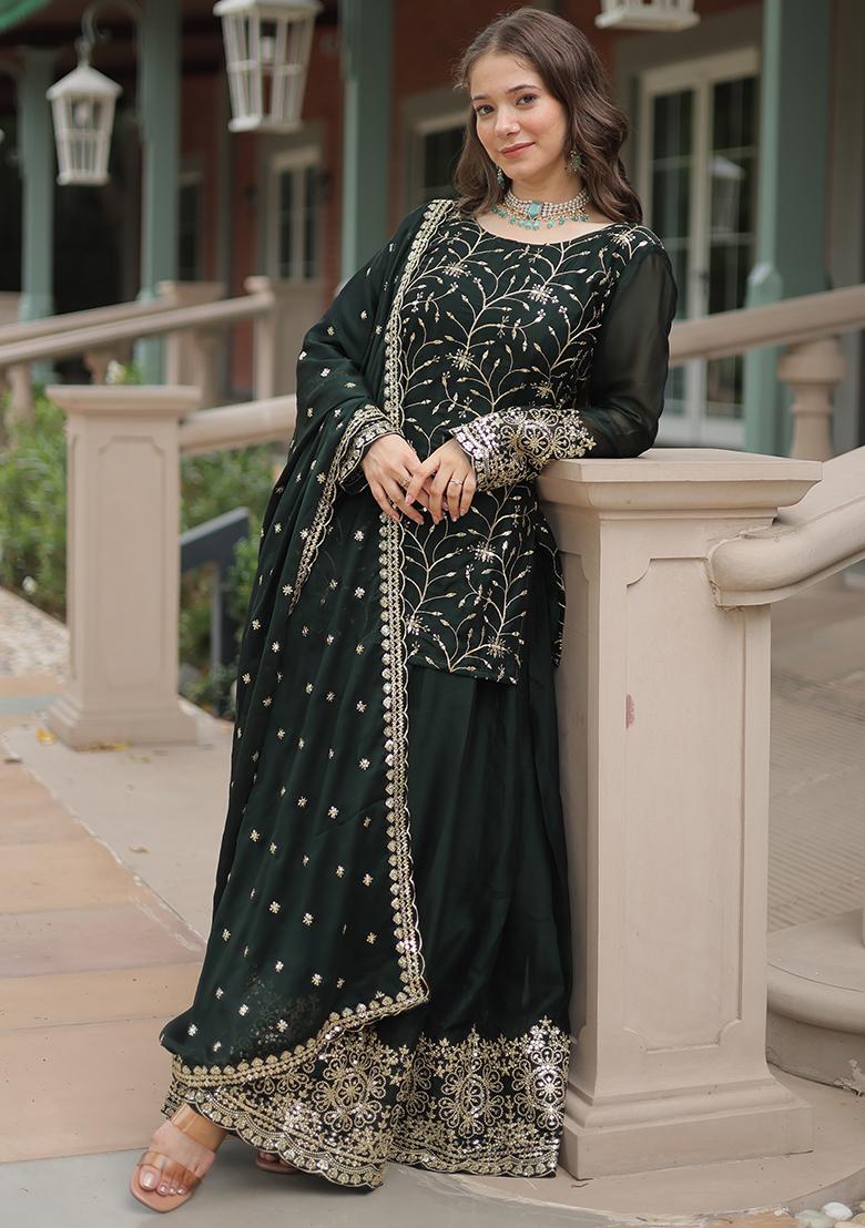 Green Zari Sequin Embroidered Rangoli Silk Kurta Set