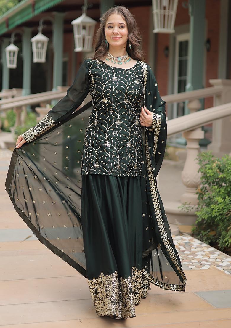 Green Zari Sequin Embroidered Rangoli Silk Kurta Set