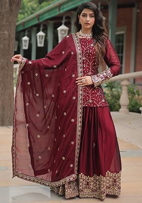 Maroon Zari Sequin Embroidered Rangoli Silk Kurta Set