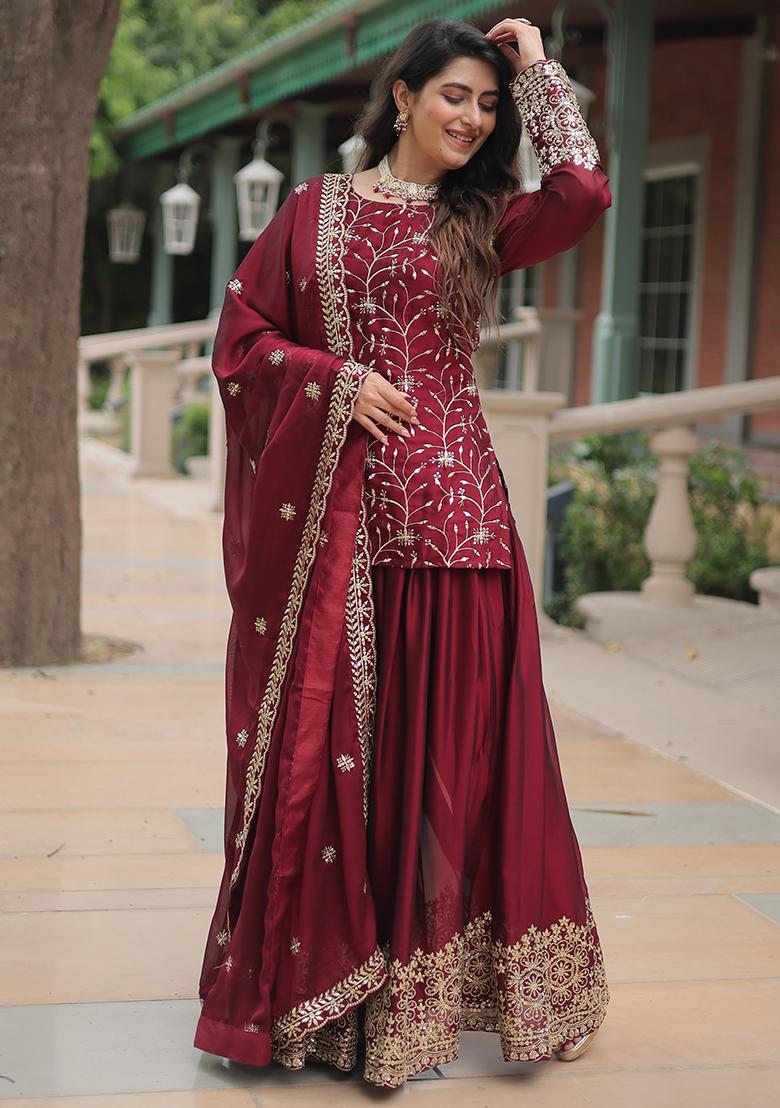 Maroon Zari Sequin Embroidered Rangoli Silk Kurta Set