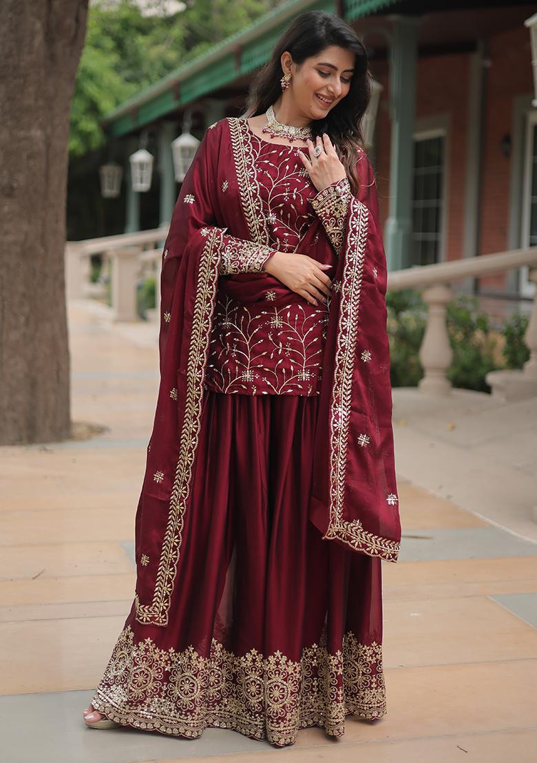 Maroon Zari Sequin Embroidered Rangoli Silk Kurta Set