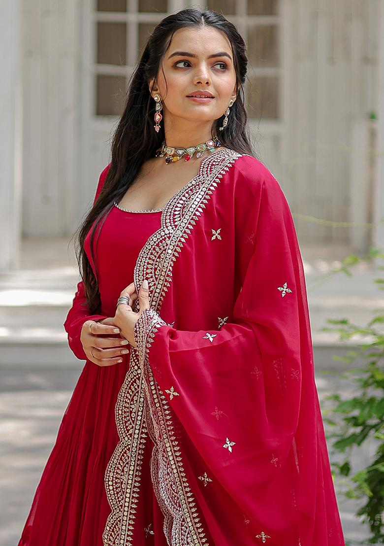 Pink Zari Sequin Embroidered Faux Georgette Kurta Set