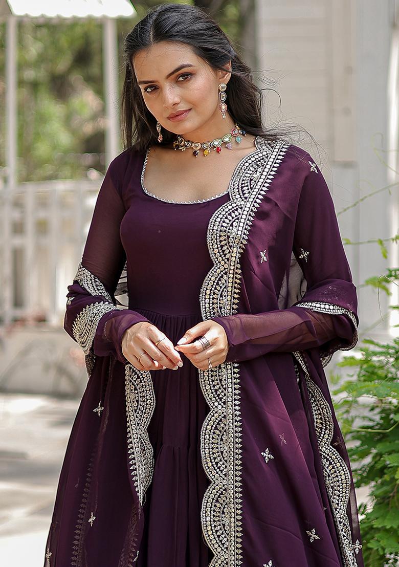 Wine Zari Sequin Embroidered Faux Georgette Kurta Set
