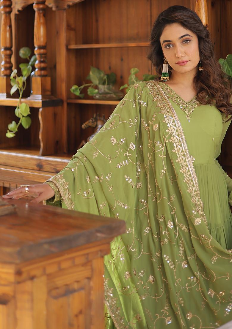 Green Zari Sequin Embroidered Faux Georgette Kurta Set