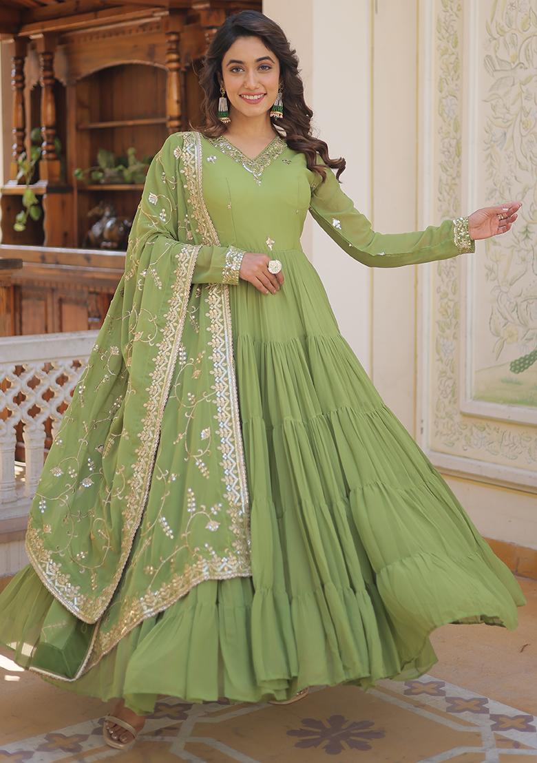 Green Zari Sequin Embroidered Faux Georgette Kurta Set