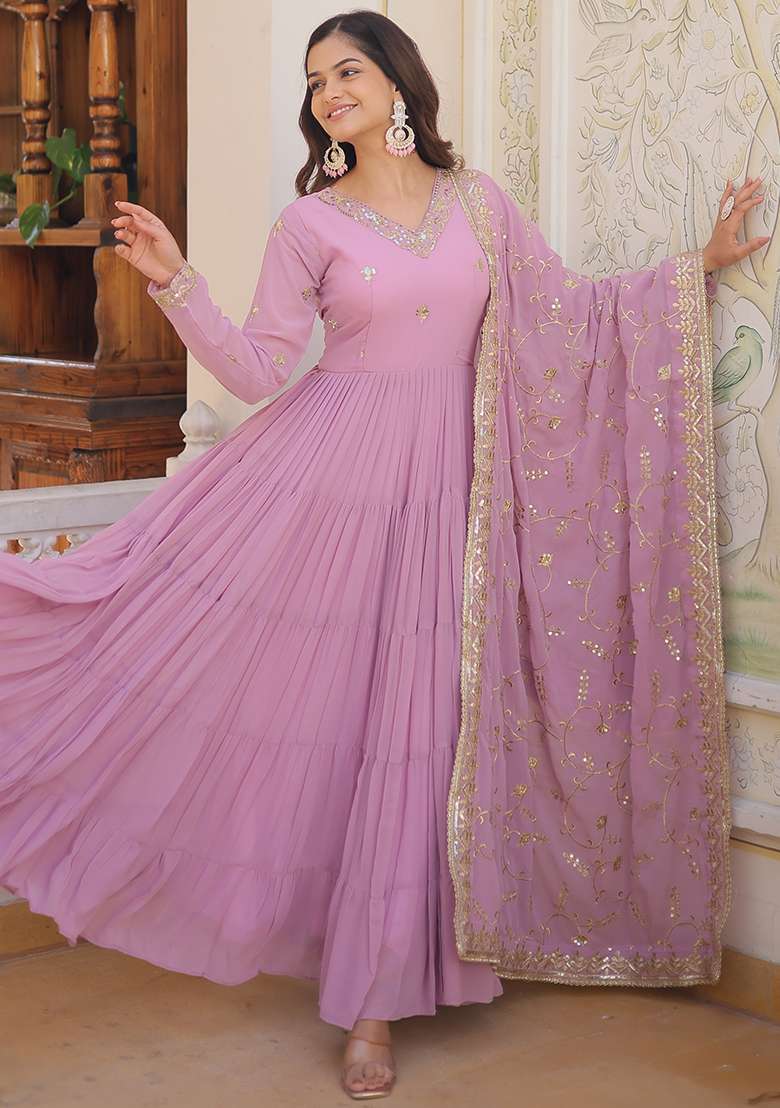Purple Embroidered Faux Blooming Anarkali Set - Indya