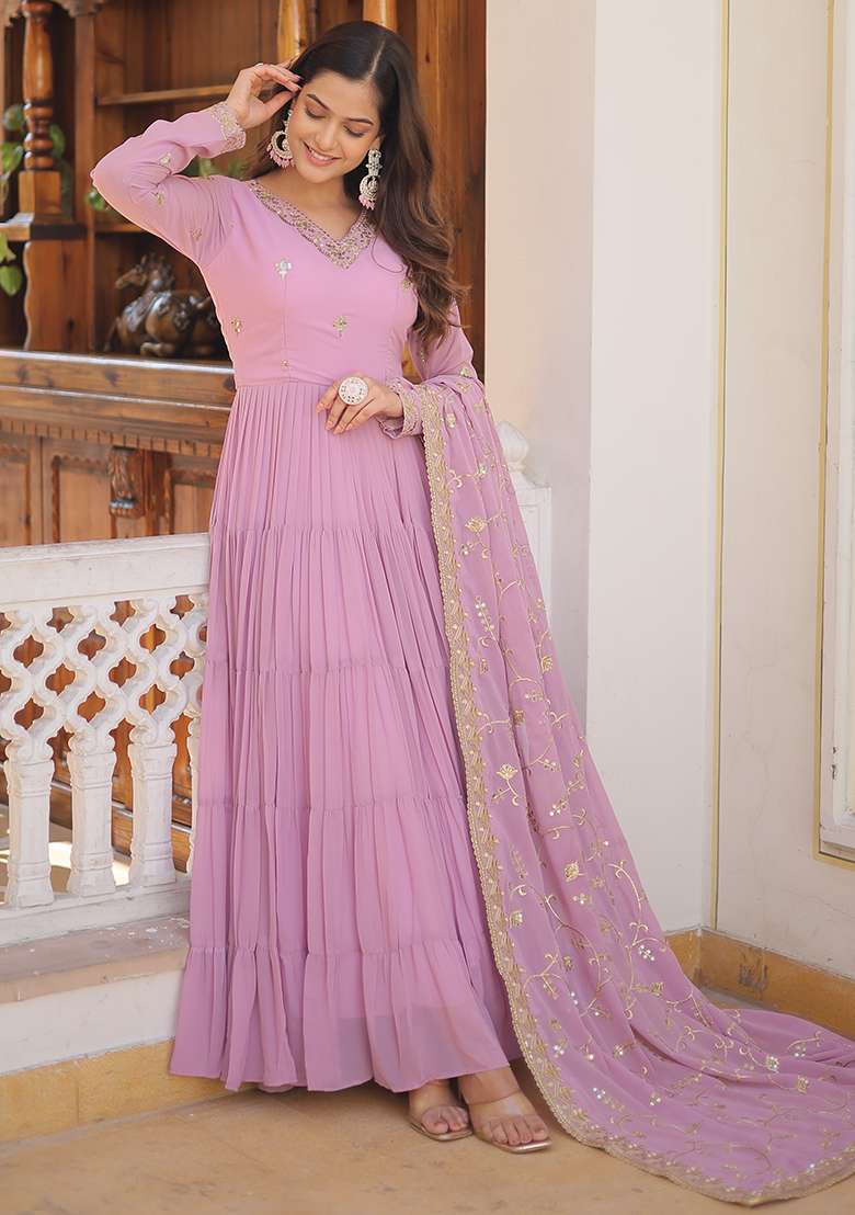 Purple Embroidered Faux Blooming Anarkali Set - Indya