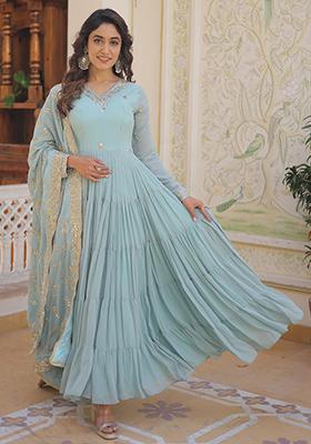 Sky Blue Zari Sequin Embroidered Faux Georgette Kurta Set