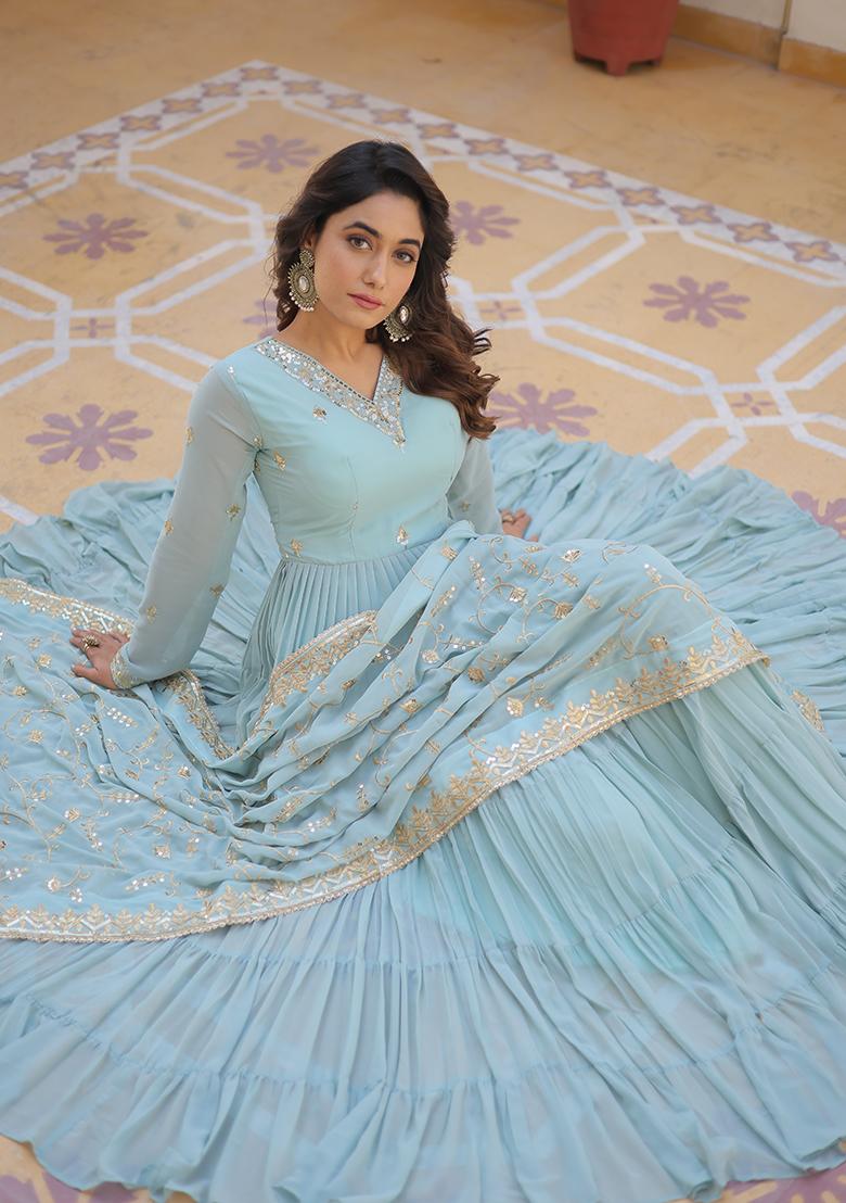 Sky Blue Zari Sequin Embroidered Faux Georgette Kurta Set