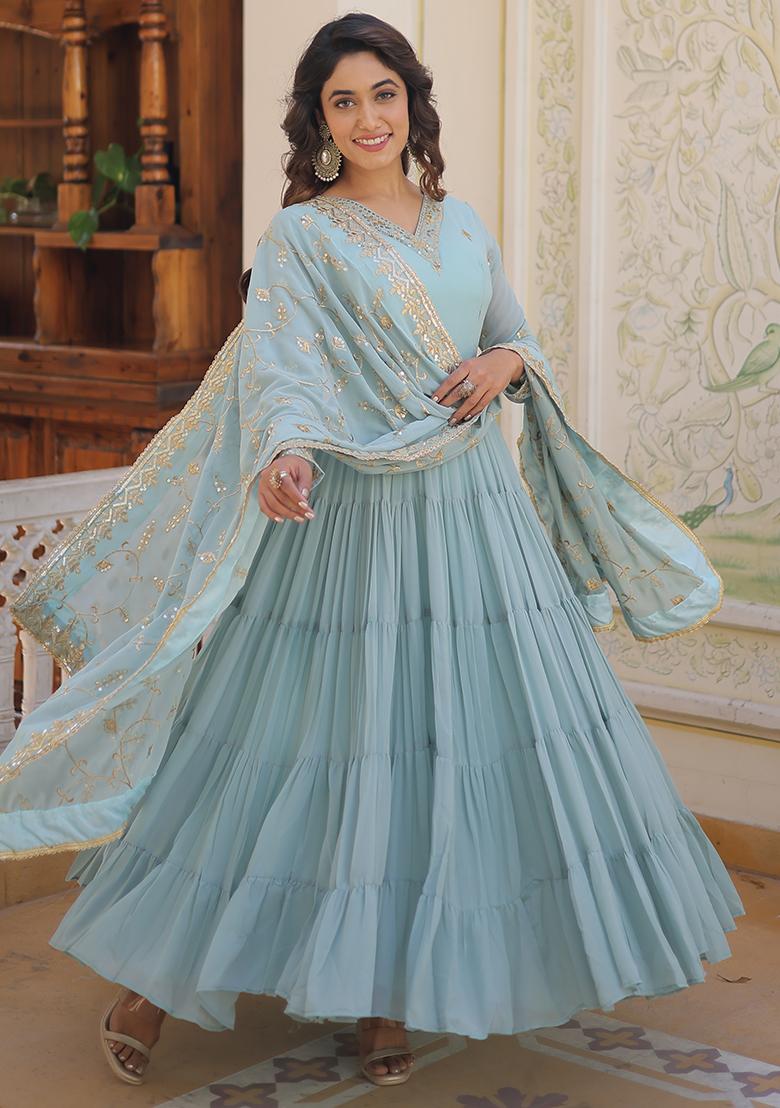 Sky Blue Zari Sequin Embroidered Faux Georgette Kurta Set