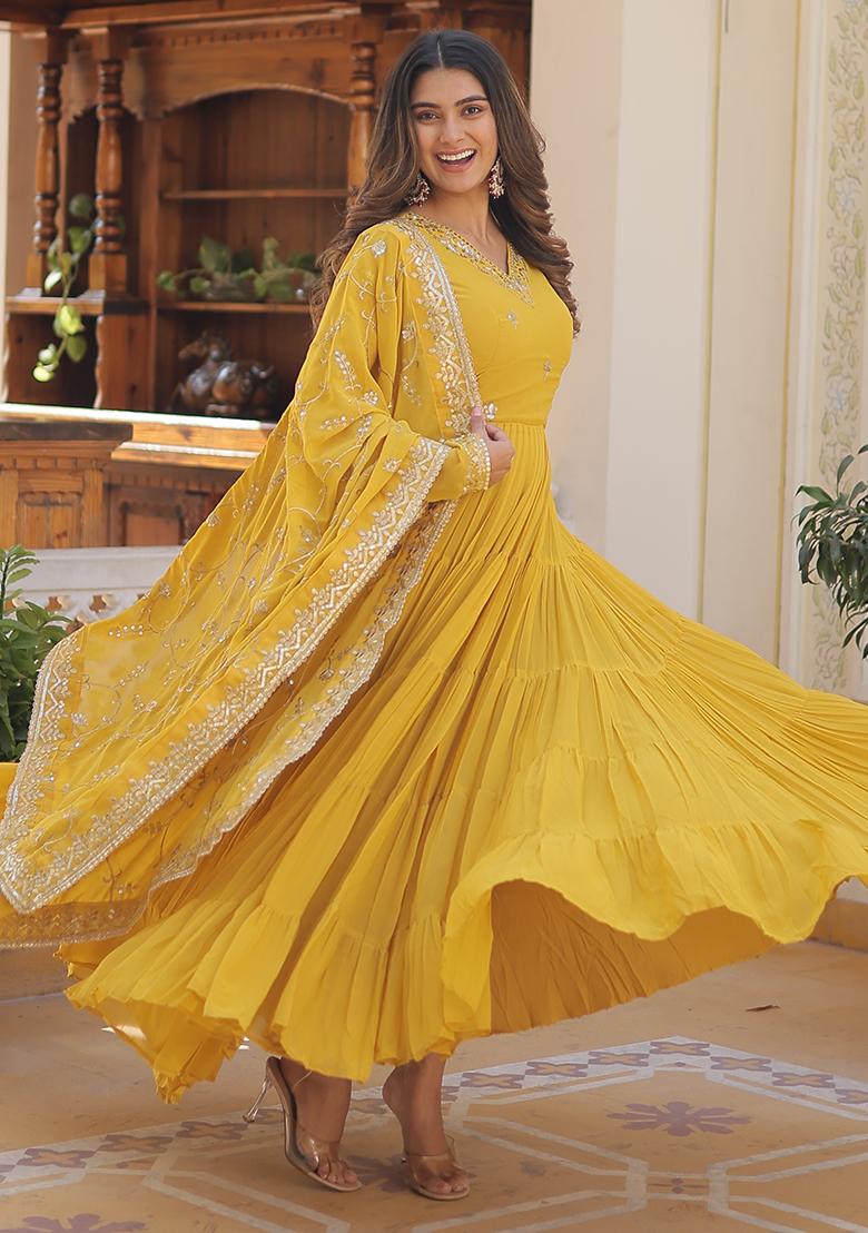 Yellow Zari Sequin Embroidered Faux Georgette Kurta Set