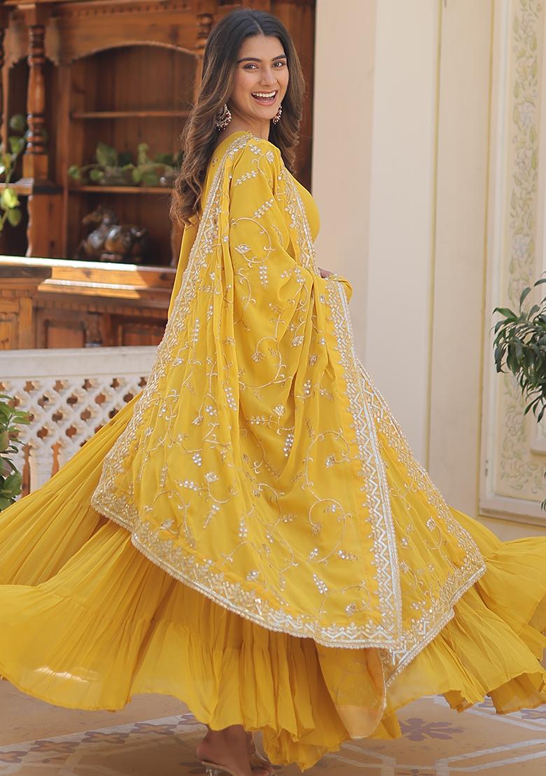 Yellow Zari Sequin Embroidered Faux Georgette Kurta Set