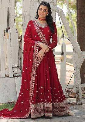 Maroon Zari Sequin Embroidered Faux Georgette Kurta Set