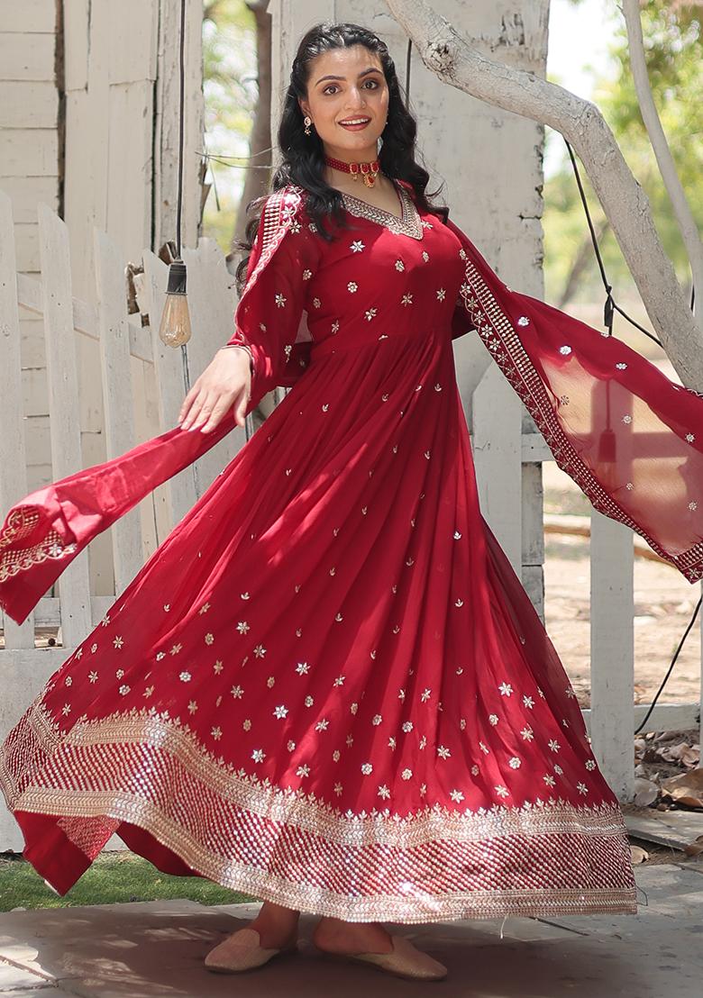 Maroon Zari Sequin Embroidered Faux Georgette Kurta Set