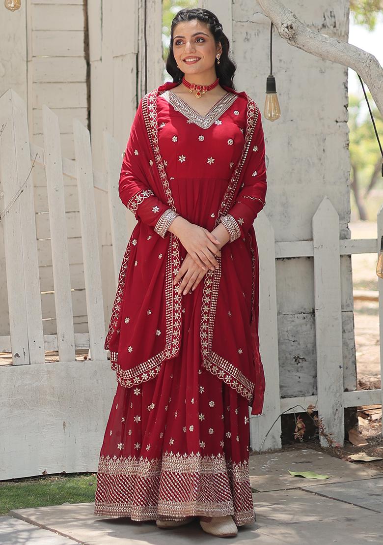 Maroon Zari Sequin Embroidered Faux Georgette Kurta Set