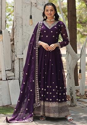 Purple Zari Sequin Embroidered Faux Georgette Kurta Set
