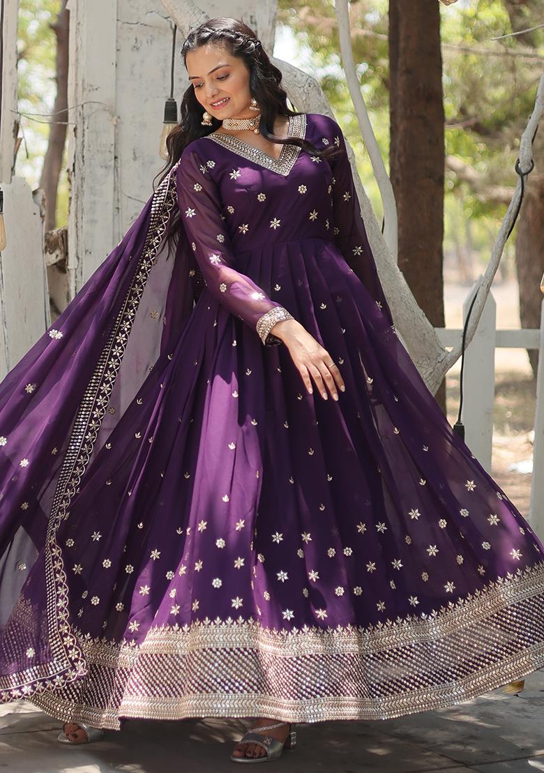 Purple Zari Sequin Embroidered Faux Georgette Kurta Set