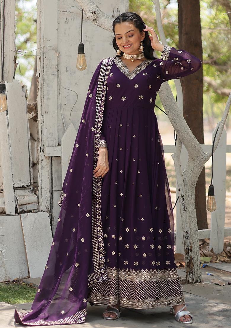 Purple Zari Sequin Embroidered Faux Georgette Kurta Set