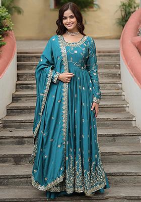 Rama Blue Zari Sequin Embroidered Chinon Silk Kurta Set