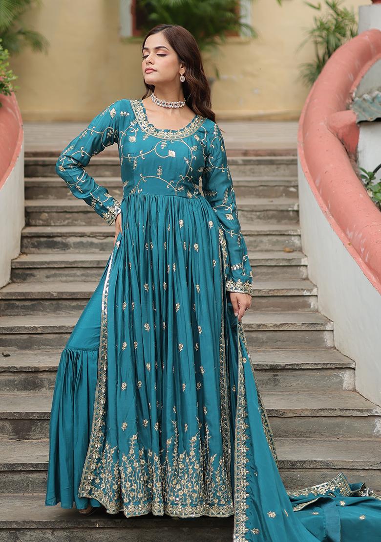 Rama Blue Zari Sequin Embroidered Chinon Silk Kurta Set