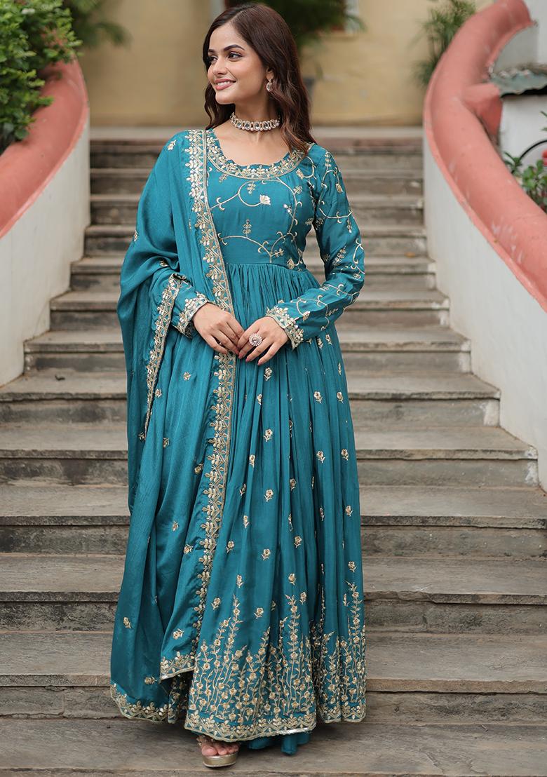 Rama Blue Zari Sequin Embroidered Chinon Silk Kurta Set
