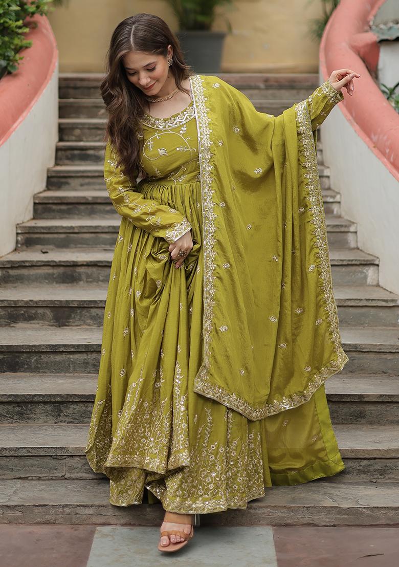 Parrot Green Zari Sequin Embroidered Chinon Silk Kurta Set