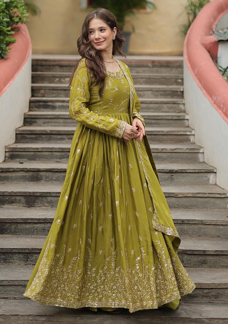 Parrot Green Zari Sequin Embroidered Chinon Silk Kurta Set