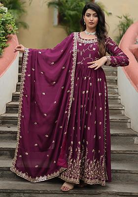 Wine Zari Sequin Embroidered Chinon Silk Kurta Set