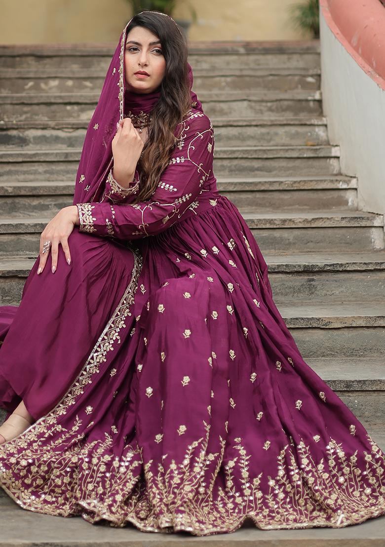 Wine Zari Sequin Embroidered Chinon Silk Kurta Set