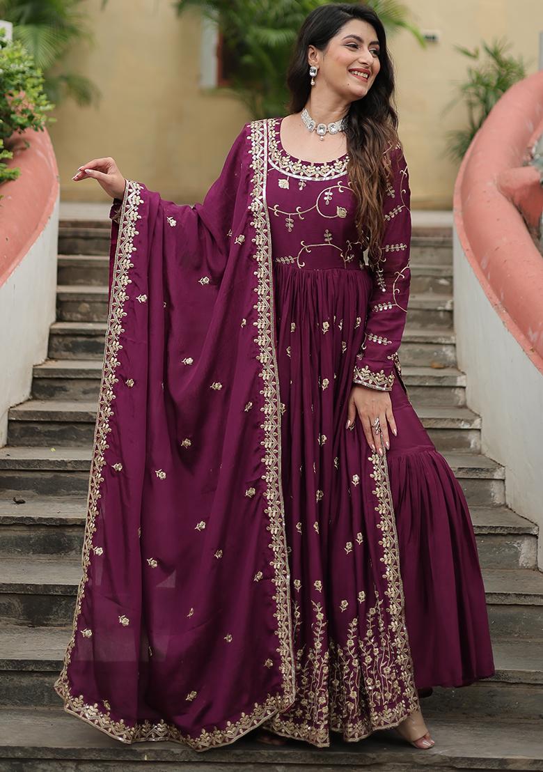 Wine Zari Sequin Embroidered Chinon Silk Kurta Set