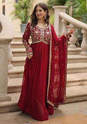 Maroon Zari Sequin Embroidered Faux Georgette Kurta Set