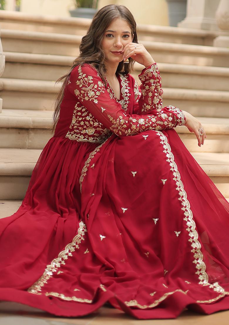 Maroon Zari Sequin Embroidered Faux Georgette Kurta Set
