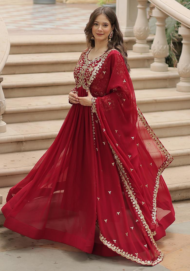 Maroon Zari Sequin Embroidered Faux Georgette Kurta Set