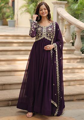 Wine Zari Sequin Embroidered Faux Georgette Kurta Set