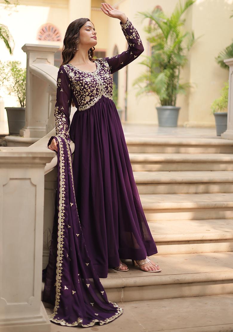 Wine Zari Sequin Embroidered Faux Georgette Kurta Set