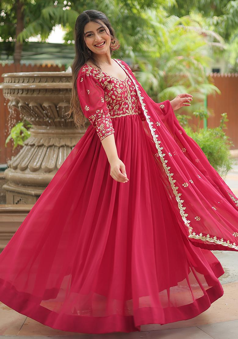 Rani Pink Zari Sequin Embroidered Faux Georgette Kurta Set