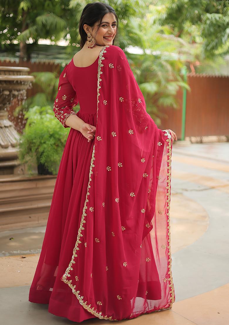 Rani Pink Zari Sequin Embroidered Faux Georgette Kurta Set