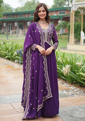 Purple Zari Sequin Embroidered Faux Georgette Kurta Set